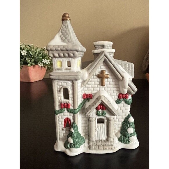 Ceramic Christmas Church Tea Light Candle Trees snow Accents 5.25" Tall Preowned - Picture 3 of 8